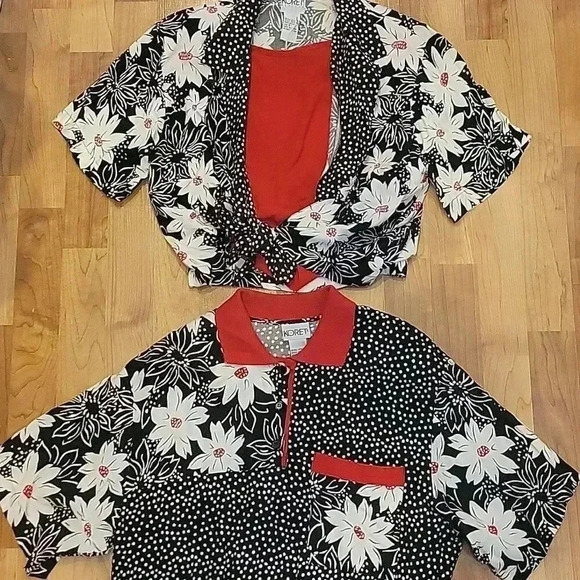 Koret Blouse Boho Floral Polka Dot 2-PC Coordinating Set Vintage 90s Red… - Picture 3 of 9